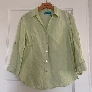 Fresh Produce Womens Linen Blend Tab Sleeve V Neck Button Up Top Lime Green med.